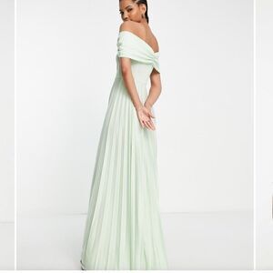 ASOS DESIGN twist front off-the-shoulder pleated maxi dress in sage Mint Green